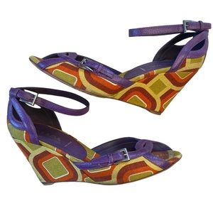 Prada Wedge Sandal leather and textile 70s print leather ankle strap purple 37.5